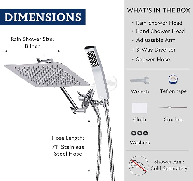 G-Promise All Metal 8 Inch Dual Square Shower Head with Handheld Spray Combo, Rain Shower Head, Adjustable Extension Arm, Smooth 3-Way Diverter, 71 Inch Extra Long Hose - A Bathroom Upgrade (Chrome)