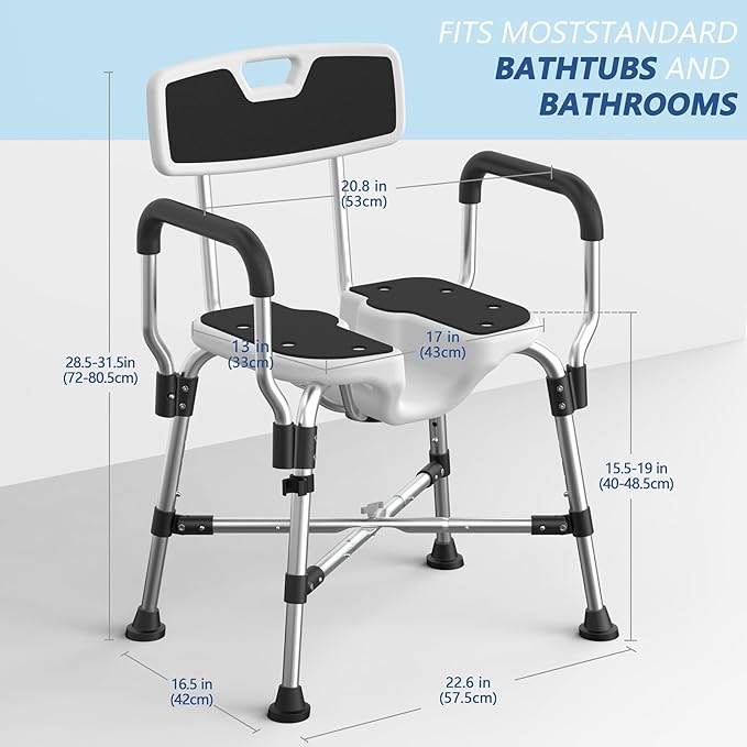 Heavy Duty Shower Chair for Inside Shower 450lb U-shape Shower Seat with Arm and Back for Elderly and Disabled Adjustable Height Medical Bathtub Stool Private Clean for Women Seniors Handicap