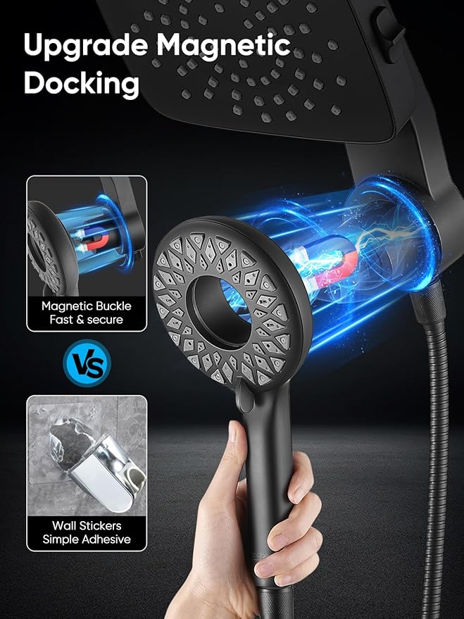 Cobbe Dual Shower Head with Magnetic Handheld, High Pressure Rain Shower Combo 2-in-1 Fixed & Detachable, Multiple Spray Modes, Built-in Magnet Dock 6ft Hose, Matte Black