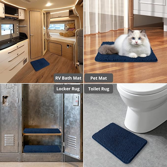Small Bathroom Rug 12"x18" – Washable and Absorbent Bath Mat, Non Slip, Thick Soft Chenille Bath Rugs for Bathroom, Shower, Sink, Dog mat(Navy Blue)
