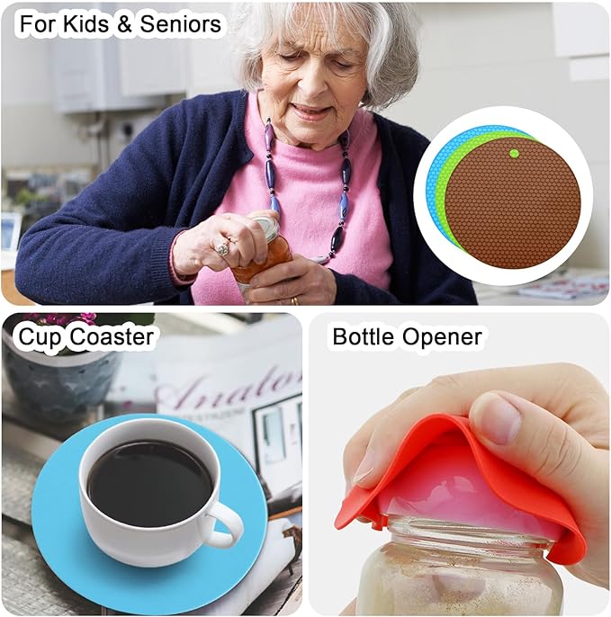 uxcell 3pcs Silicone Jar Opener Pads, 17.5cm/7" Texture Can Opener Multipurpose Round Bottle Lid Opener Non-Slip Coasters for Weak Hands Seniors Children, Green, Blue, Brown