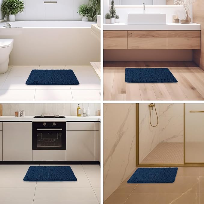 Navy Blue Bathroom Rugs – Absorbent and Washable Bath Mat, Non-Slip, Thick Soft Chenille Bath Rugs for Bathroom Floor, Shower, Sink - 17" x 24"