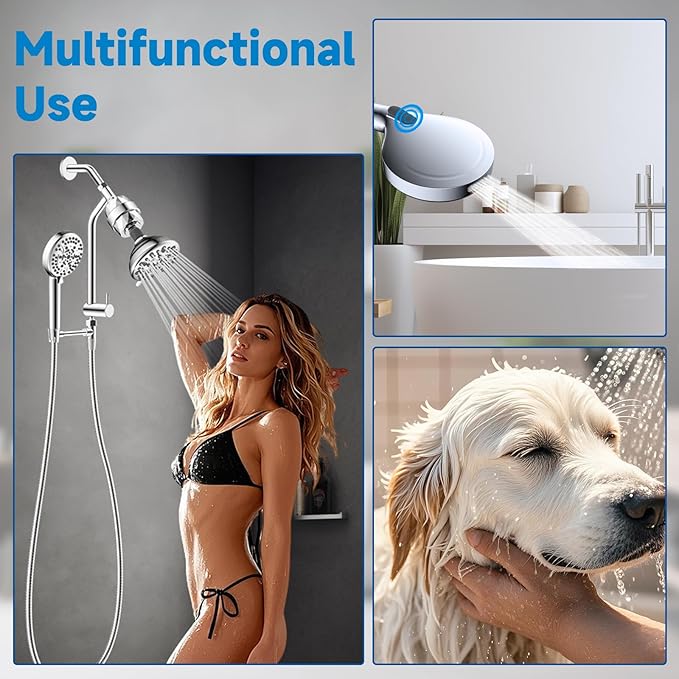 Filtered Shower Heads, All Metal Dual Shower Head with Easy Reach Handheld Spary Combo, 3-Way High Pressure 70 Modes Rainfall Showerhead, 71" Hose, Shower Bracket, 20 Stage Shower Filter, Chrome