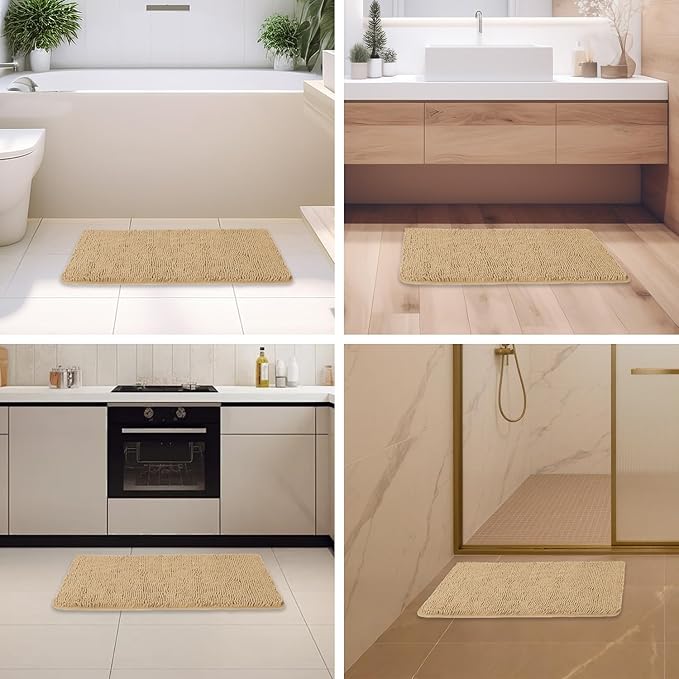 Beige Bathroom Rugs – Absorbent and Washable Bath Mat, Non-Slip, Thick Soft Chenille Bath Rugs for Bathroom Floor, Shower, Sink - 20" x 32"