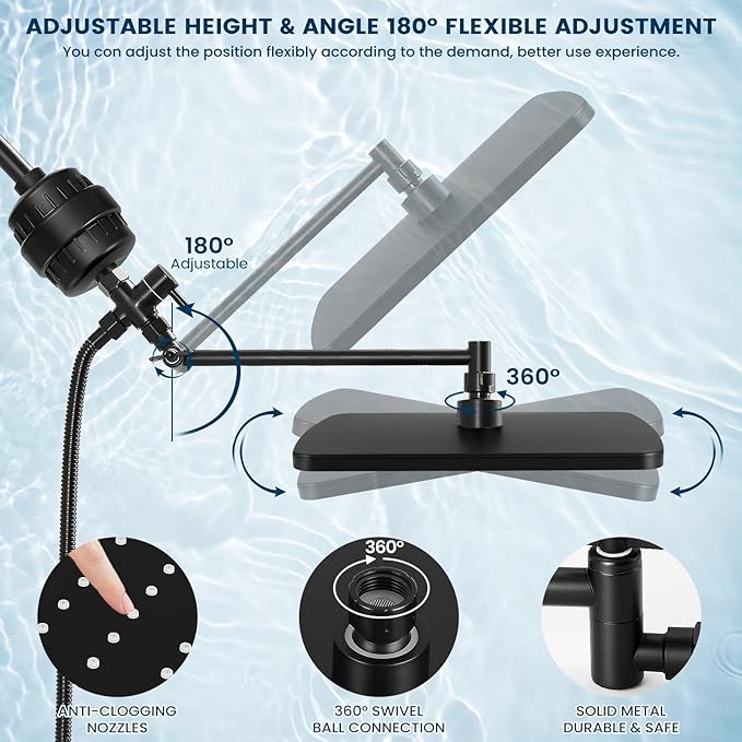 Filtered Shower Head with Handheld Combo,11.8 Inch Large Rectangular Black Rain Shower Head with 5 Modes Handheld Spray Combo,Adjustable Double Shower Heads with Holder and 11'' Extension Arm
