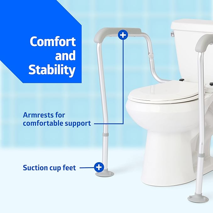 Medline Toilet Safety Rail with Suction Cup Tips, Aluminum Frame, Secure Mount for Toilet Support, Comfortable Armrests, Adjustable Height, Easy to Clean, Bathroom Aid for Adults and Seniors, 1 Count