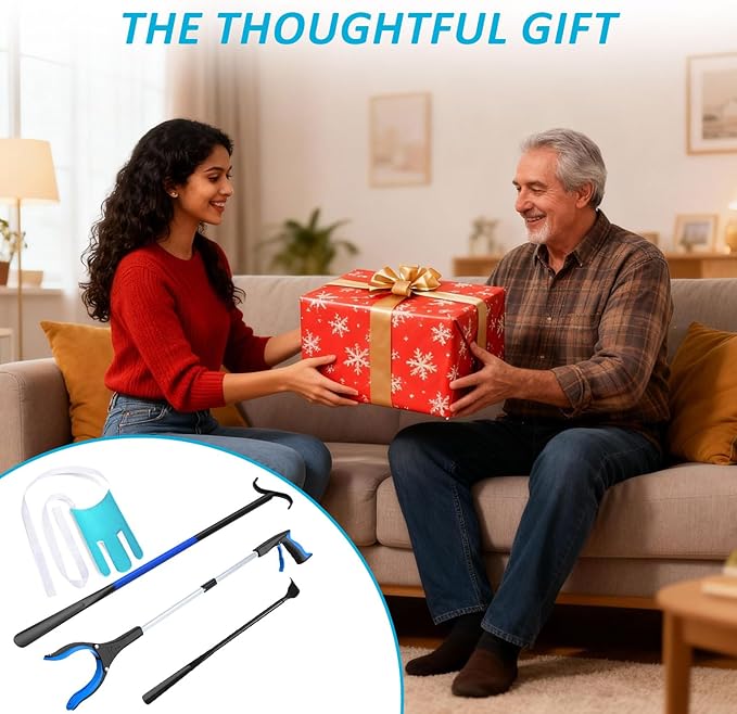 MXCOIRTP Assistive Device No Bending Kit for Elderly -Sock Aids, Foldable Reacher Grabber with 360° Rotating Jaw & Magnet, Long Shoe Horn Handle & Dressing Stick & Back Scratcher for Seniors, Disabled