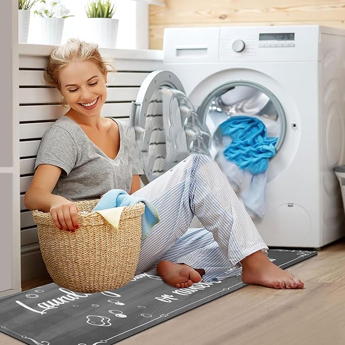 XLHOMO Laundry Room Rug Runner, 17"x60" Non Slip Nappa Leather Laundry Rugs, Grey Farmhouse Washable Floor Laundry Mats for Laundry Room, Kitchen, Washroom, Bathroom, Mudroom, Hallway Entryway Decor