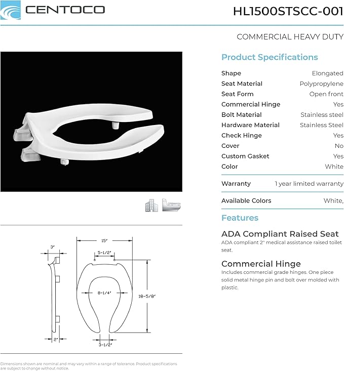 Centoco 2 inch Raised Toilet Seat for Seniors, Elongated, Open Front No Cover, Commercial, Plastic, Made in the USA, HL1500STSCC-001, White