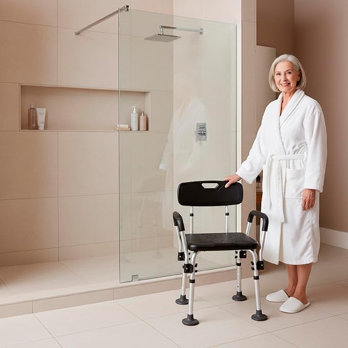 PEPE Mobility Shower Chair to Sit on in Shower, Height Adjustable with Non-Slip Tips, Removable Armrests, Tool-Free Assembly, Black, Safety Bath Seat