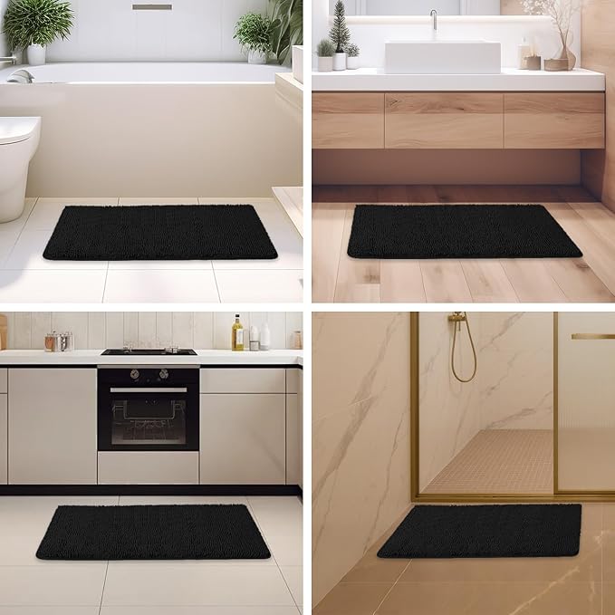 Black Bathroom Rug – Absorbent and Washable Bath Mat, Non-Slip, Thick Soft Chenille Bath Rugs for Bathroom Floor, Shower, Sink - 24" x 36"
