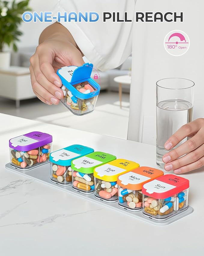 Odaro Extra Large Weekly Pill Organizer, XL Pill Box 7 Day Am Pm, Jumbo Medicine Organizer 2 Times A Day to Hold Daily Medicine Vitamin and Supplements - Rainbow