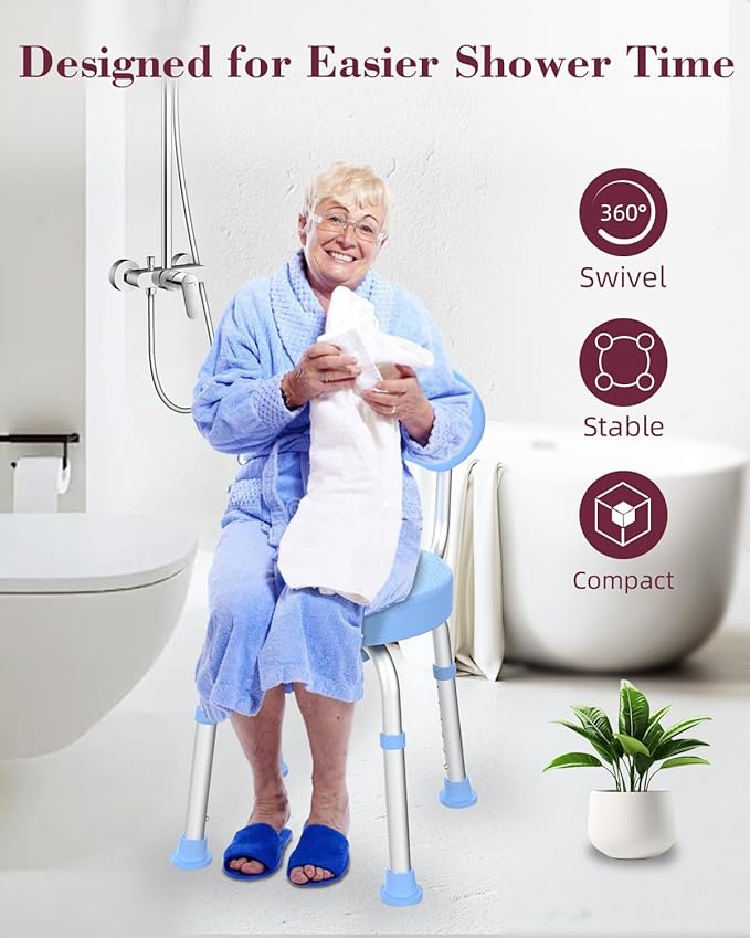 Swivel Shower Chair, 360° Non-Slip Shower Seat with Backrest for Elderly and Disabled, Height Adjustable Rotating Tub Bench for Seniors Bathroom Inside Shower with Compact Frame (Blue)
