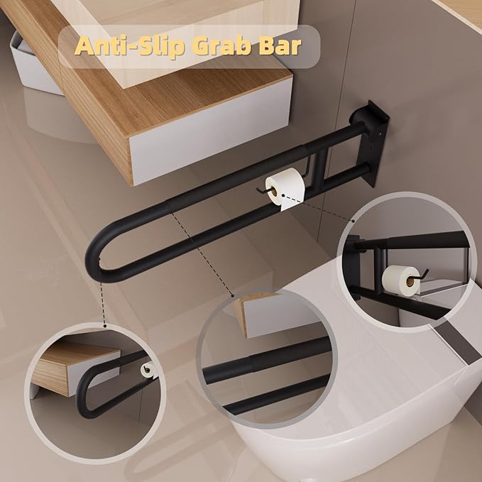 30 Inch Toilet Grab Bar, Matte Black Fold Down Grab Bar with Paper Holder, Knurled Anti-Slip Grab Bars for Toilet, Stainless Steel Handrails Toilet for Seniors Disabled Elderly Pregnant