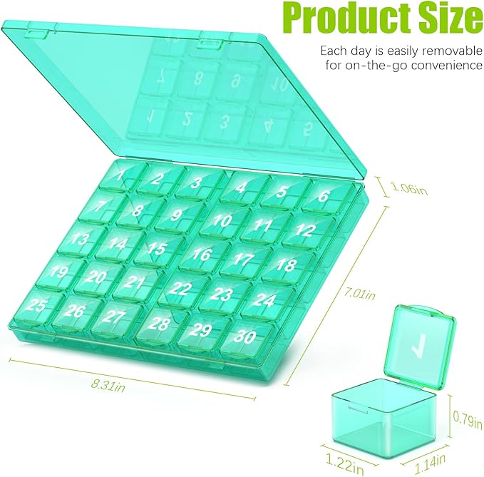 Monthly Pill Organizer Once a Day - 30 Day Pill Organizer Box - Easy to Open - Large Compartments Portable Case for Travel, Month Pill Cases Medicine Organizer for Vitamin (Green)