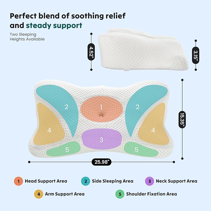 DUMOS Cervical Neck Pillow, Cooling Ergonomic Memory Foam Pillows for Neck Pain Relief with Breathable Pillowcase, Dual Height Orthopedic Support Contour Pillow for Side, Stomach Sleepers, White