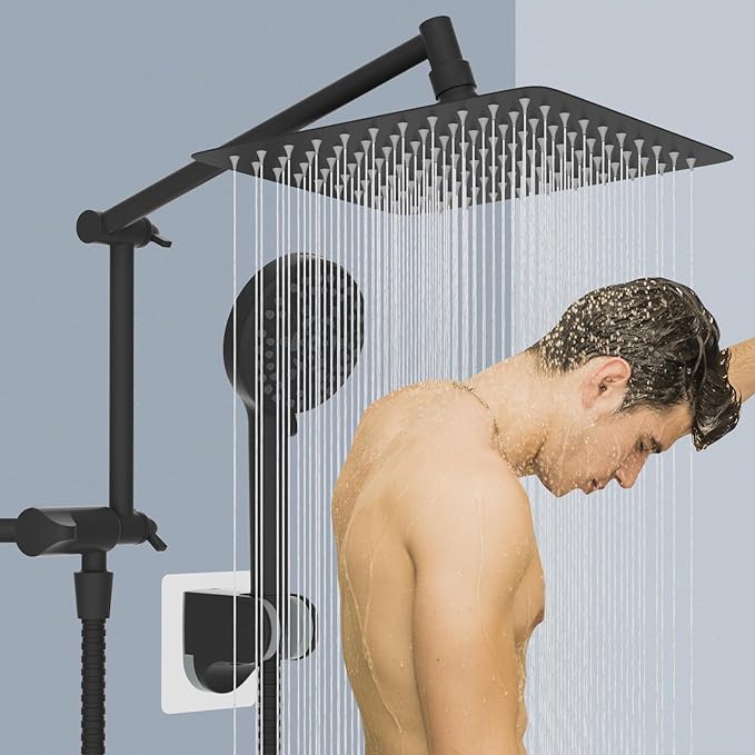 All Metal Rain Shower Head, 10” High Pressure Rainfall Shower Head with Handheld, 5" Large Handheld Showerhead Powerful Cleaning 10-Spray, 16" Shower Extension Arm Adjustable Height/Angle, Matte Black