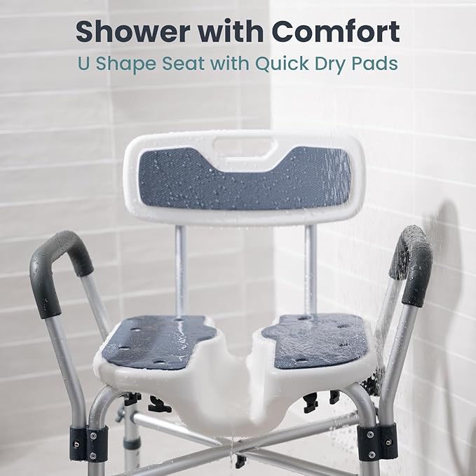 Shower Chair U-Shape Seat (450lb) Heavy Duty - Padded Armrests and Back, Shower Chairs for Elderly and Disabled, Handicap, Shower Chair for Inside Shower, Adjustable Height - Teal