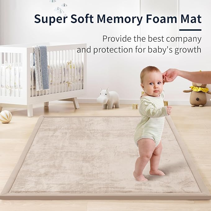ACOMOPACK Baby Play Mat for Floor 1.3" Thick Memory Foam Play Mat 79"×118" Tummy Time Crawling with Non-slip Bottom for Living Room,Nursery,Soft Velvet Playpen Mats for Kids,Infants(Beige)