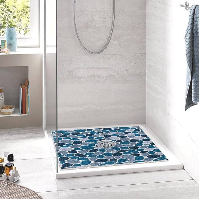 Square Shower Mat Non Slip: 24 x 24 Inch Shower Mats with Drain Hole in Middle - PVC Loofah Anti Slip Shower Floor Matt for Inside Shower