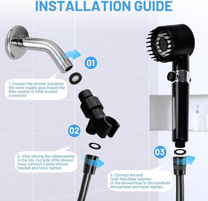 Filtered Shower Head with Handheld, High Pressure Water Flow and 4 Spray Modes, Power Wash for Hard Water, Showerhead Set with 59″ Hose、Bracket、Filters, ON/OFF Switch for Pets Bath (Black)