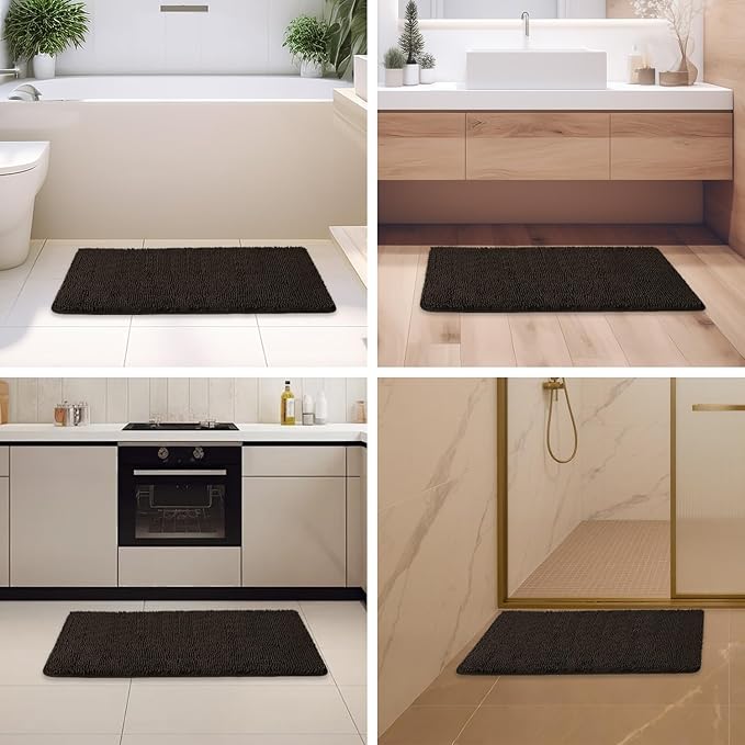 Chocolate Brown Bathroom Rugs – Absorbent and Washable Bath Mat, Non-Slip, Thick Soft Chenille Bath Rugs for Bathroom Floor, Shower, Sink - 24" x 36"