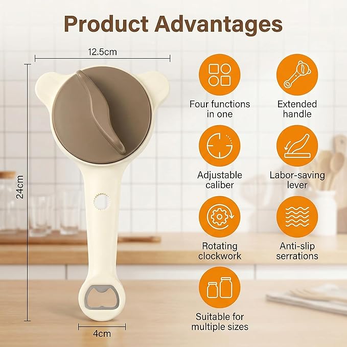 4-in-1 Jar Opener for Seniors -Adjustable Lid Opener with Non-Slip Grip, Stainless Steel Jar Lid Opener for Arthritis Sufferers, Fits Kitchen Jars, Bottles & Cans, Home Kitchen Helper(Brown)