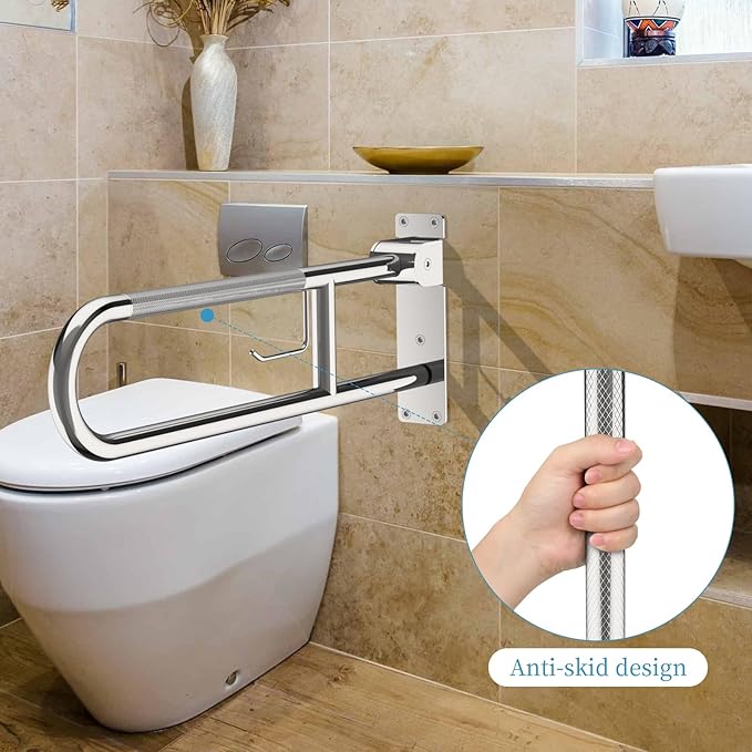 Toilet Grab Bar 30.3 Inch Chrome, Munzong Anti-Slip Handicap Grab Bars with Paper Holder, Flip-Up Bathroom Safety Rails, Stainless Steel Knurled Support handrails for Seniors Elderly Disabled Pregnant