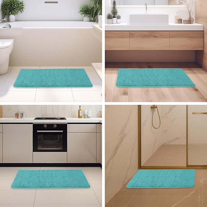 Teal Bathroom Rugs – Absorbent and Washable Bath Mat, Non-Slip, Thick Soft Chenille Bath Rugs for Bathroom Floor, Shower, Sink - 24" x 36"