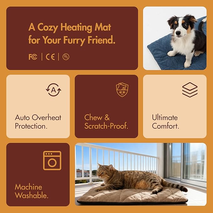 Vagascape Dog Bed, Waterproof Pet Bed with Washable Removable Cover, Comfort Cat Dog Pad for All Seasons, Heating Khaki Rectangle Cat Bed Mat with Nonskid Bottom(56"x40")