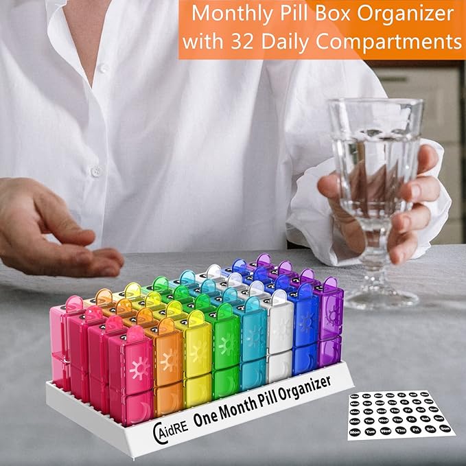 Monthly Pill Organizer, CAidRE 30 Day Pill Organizer 2 Times a Day, One Month Pill Box Organizer AM PM, Weekly Pill Holder for Fish Oil, Vitamins, Supplements