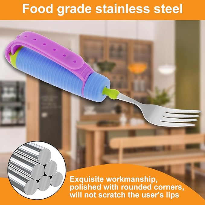 Adaptive Utensils for Elderly, Built Up Bendable Fork, Easy Grip Silverware for Hand Tremors, Weak Hand Grip & Handicapped, Arthritic Hands - Non-Slip Handles, Adaptive Spoon and Fork for Disability