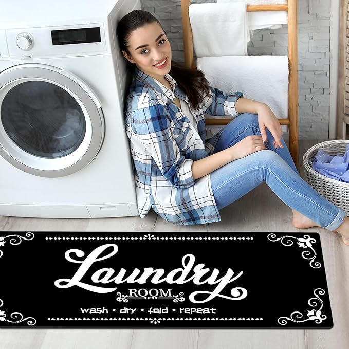 XLHOMO Non-Slip Laundry Room Rug, 17.7"x45" Black Laundry Mat, Washable Farmhouse Runner for Laundry Room, Kitchen, Bathroom & Entryway
