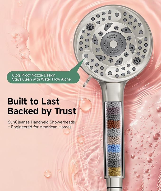 SunCleanse Filtered Shower Head with Handheld,9-Spray Setting Detachable Shower Head with 4 Filters for Hard Water - Filter Chlorine, Improve Skin and Hair Texture (4 Filters, Brushed Nickel)