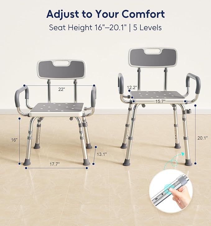 Bluelog Shower Chair for Inside Shower with Arms and Back, 500lbs Capacity Height Adjustable Shower Seat with Thickened Frame for Seniors, Elderly and Disabled