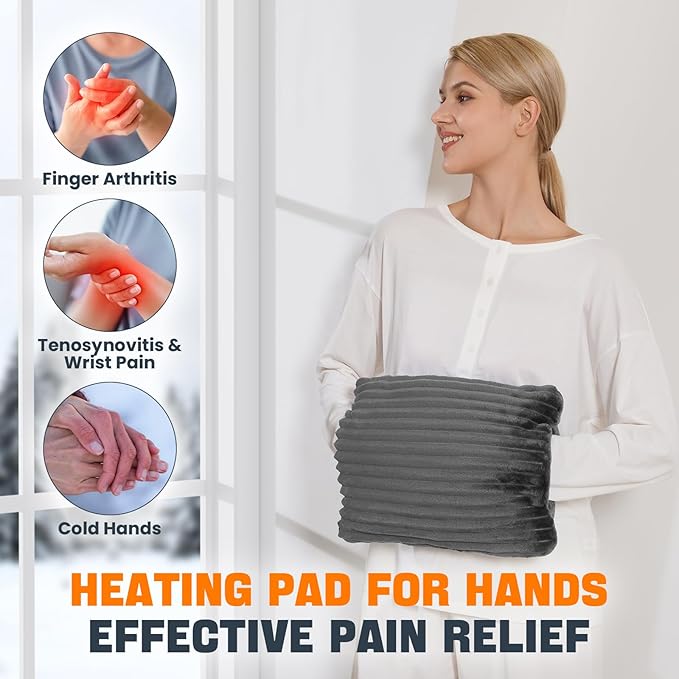 Electric Hand Warmer, Soft Flannel Heated Gloves, Hand Warmer Pouch, Heating Pad for Hands Pain Relief Fingers Arthritis for Women Men Elder, Auto Off & 3 Level, Dark Grey