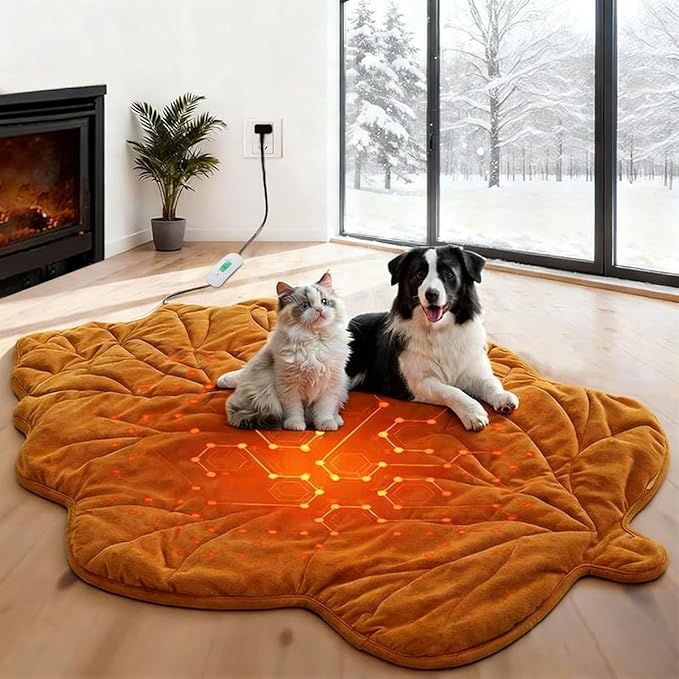 Vagascape Dog Bed, Waterproof Pet Bed with Washable Removable Cover, Comfort Cat Dog Pad for All Seasons, Heating Yellow Maple-Leaf Shape Cat Mat with Nonskid Bottom(57"x47")