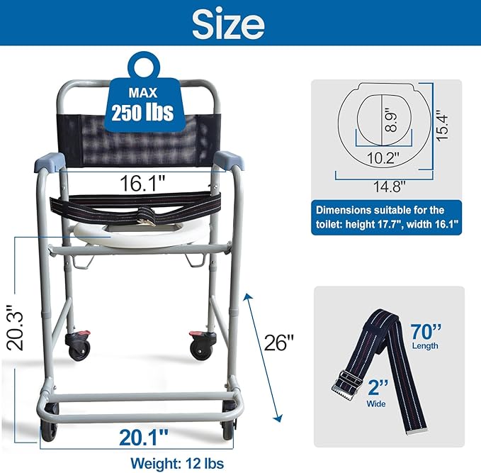 Aliseniors 3-in-1 Rolling Shower Chair with Wheels, Bedside Commode Transport Wheelchair, Waterproof Inside Bathroom & Toilet Chair for Handicap, Elderly, Injured or Disabled, 250 lbs