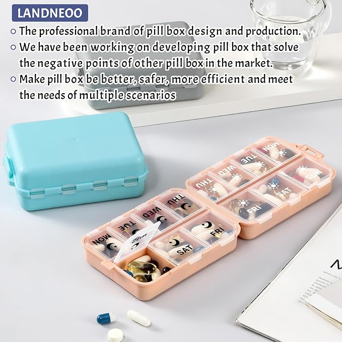 Foldable & Portable Weekly Pill Organizer 2 Times a Day with Clear Printed Labels - 7 Day AM PM Medicine Box, Week Daily Travel Pill Meds Case Holder for Medications, Vitamin, Supplement - SkyBlue