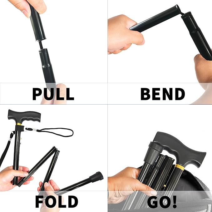 Folding Cane, 5-Level Adjustable Height Lightweight Portable Foldable Walking Canes with Wrist Strap and T Handle for Men Women Seniors