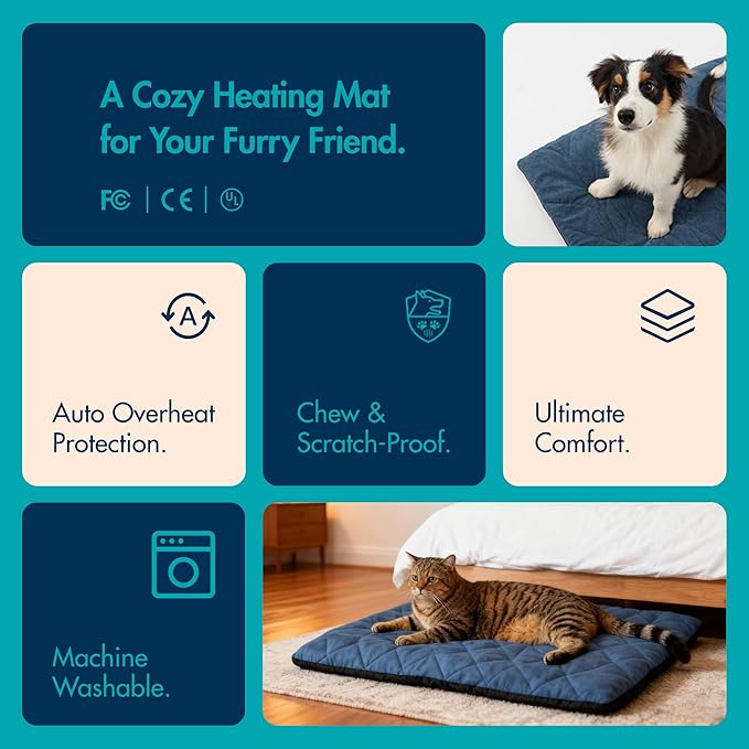 Vagascape Dog Bed, Waterproof Pet Bed with Washable Removable Cover, Comfort Cat Dog Pad for All Seasons, Heating Navy Blue Rectangle Cat Mat with Nonskid Bottom(31"x20")