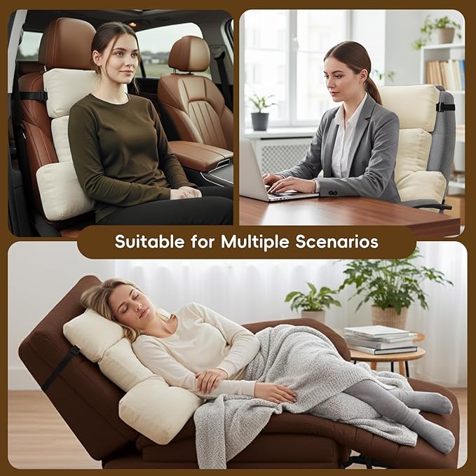 Neck Pillow Lumbar Support for Recliner, Soft and Fluffy Back Support Cushion for Chair with Adjustable Headrest Pillow, Back Rest Pillow for Office Chairs, Recliners, Couch, Sofa Pain Relief, Beige