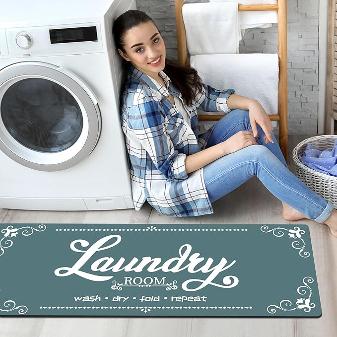 XLHOMO Non Slip Laundry Mats, 17.7"x45" Teal Laundry Rug Runner, Farmhouse Washable Laundry Room Floor Mat for Laundry Room, Mudroom, Kitchen, Washroom, Bathroom, Hallway Entryway Carpet Decor