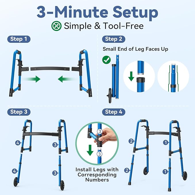 Loyoda Folding Walker with 2 Skis and 5" Wheels, Lightweight Walkers for Seniors and Adults, Supports Up to 350 Pounds, Adjustable Height, Compact Standard Walker, Blue