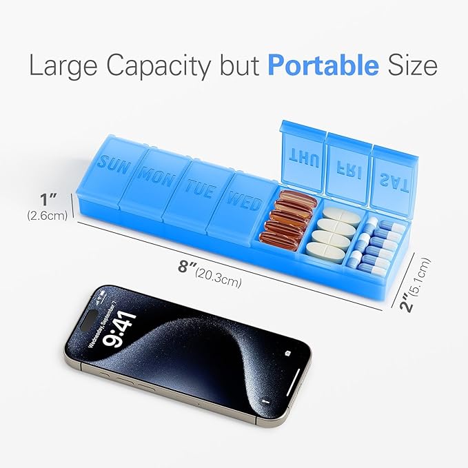 Barhon Large Weekly Pill Organizer, Big Vitamin Organizer Case for 7 Day, Travel Medicine Pill Box to Hold Various Supplements and Fish Oil, Light Blue
