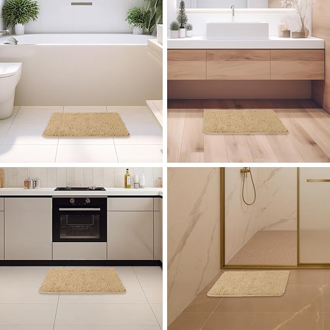 Beige Bathroom Rugs – Absorbent and Washable Bath Mat, Non-Slip, Thick Soft Chenille Bath Rugs for Bathroom Floor, Shower, Sink - 17" x 24"
