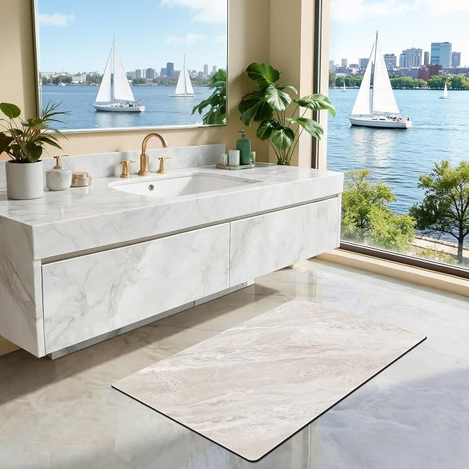 LUMI Ultra Thin Bath Mat, Super Absorbent Quick Dry Bathroom Rugs, Non-Slip Bathroom Mats, Marble Bathmats Fit Under Door, Bathtub, Sink, Shower Room, 17"x30", White Marble