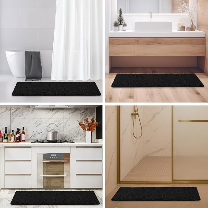 Bathroom Runner Rug 47 x 17 Inch – Long Bath Mat | Absorbent and Washable Thick Chenille Bath Rug Non-Slip Runner Rug for Bathroom, Shower, Sink(Black)