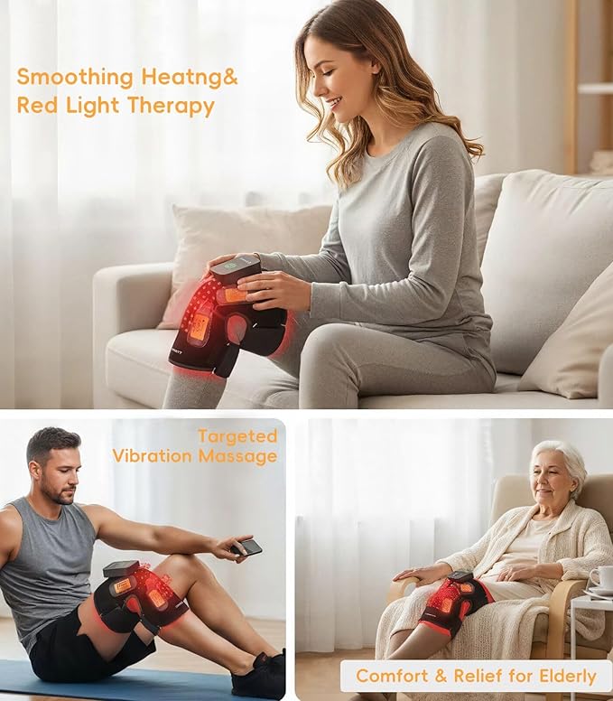 Upgraded Red Light Knee Massage Brace with 360° Vibration, Cordless 850nm Infrared Knee Therapy Devices Pain Relief, 5000mAh Red Light Therapy Wrap with Timer for Body Relaxation, Xmas Gifts