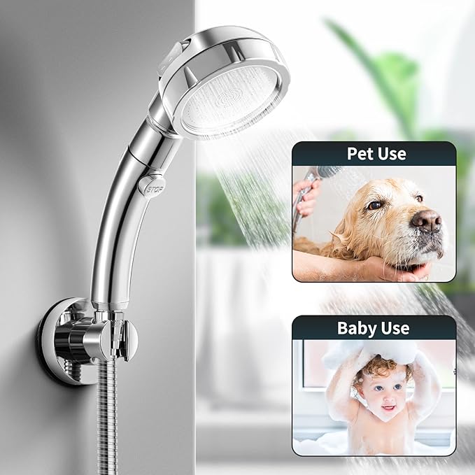 Marbrasse 3-Settings Handheld High Pressure Showerhead with ON/Off Full Shutoff Push Button,Water-saving Camping Shower with Adjustable Angle(Vacuum Suction Shower Head Holder+5 Feet Shower Hose)